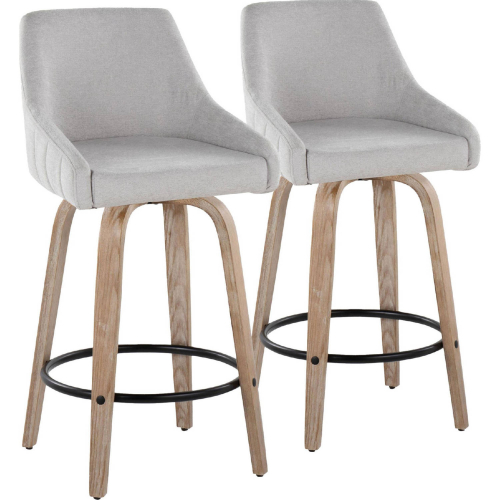 Hannah 26" Swivel Counter Stool in White Washed Wood & Grey Fabric with Black Footrest (Set of 2)
